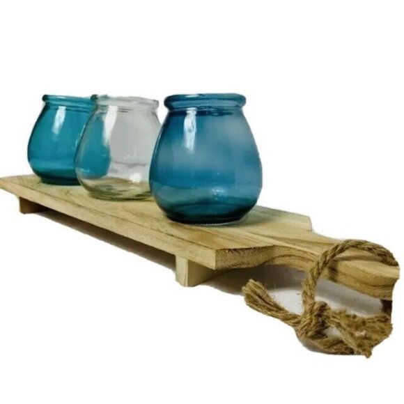 Rustic Nautical Votive Candle Holder Wooden Tray Coastal Style Home Décor Vase J - Picture 1 of 10